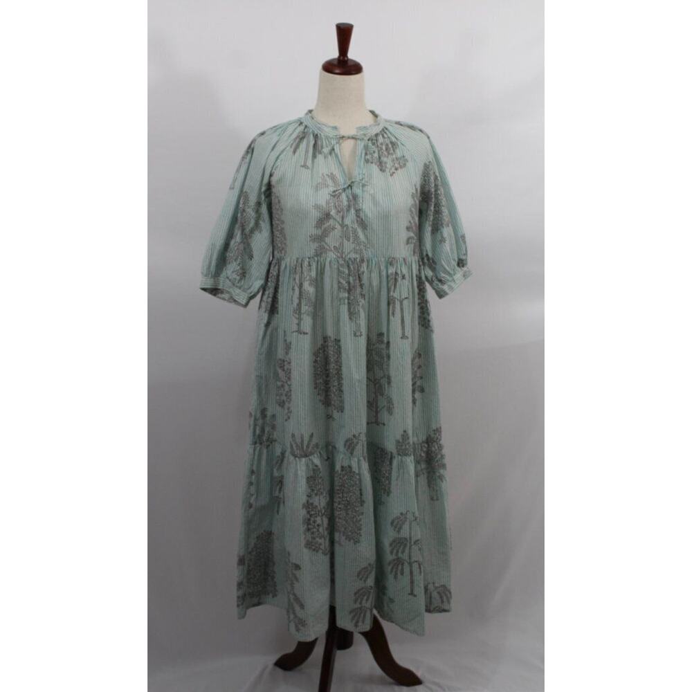 MATTA Sz S Small Aqua Stripe Short Elbow Sleeve Midi Dress Cotton Katia Trees - Picture 9 of 11